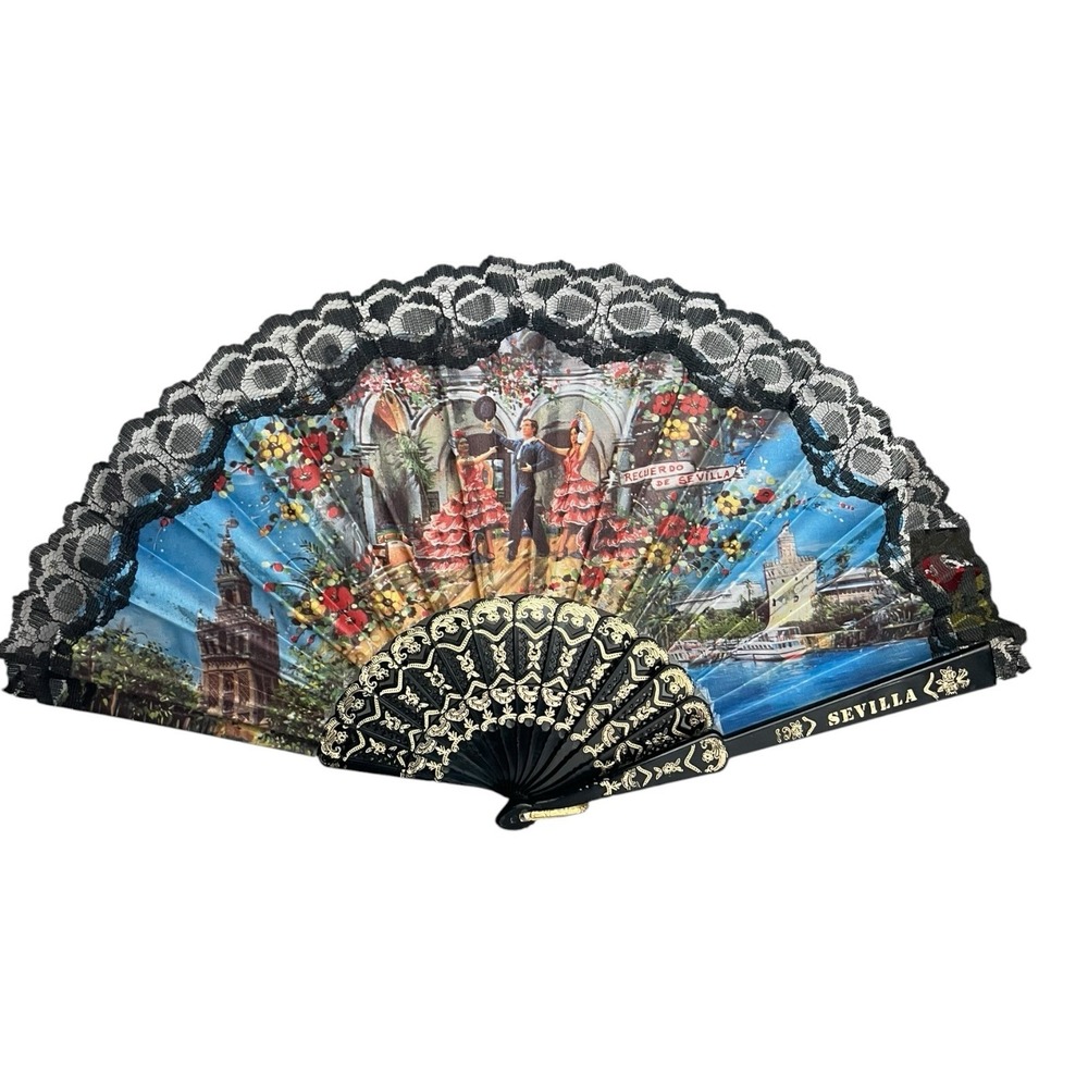 Vintage Souvenir Fan From Sevilla Spain- Fabric & Lace Flamenco Dancers